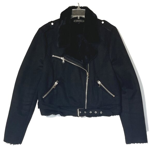 Zara Black Faux Suede Fur Shearling Asymmetric Zip Aviator Biker Jacket - Picture 1 of 8